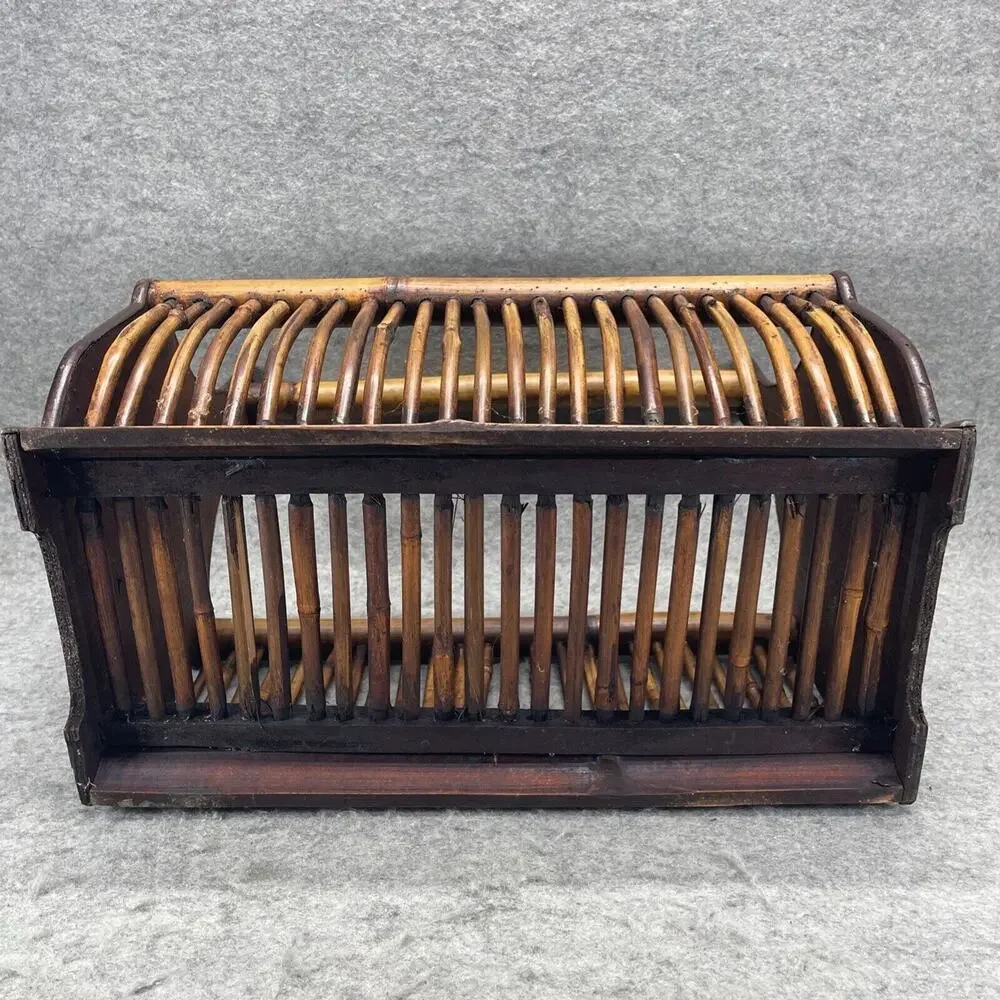 VTG Mid Century Modern Burnt Rattan Tortoise Tiger Bamboo Magazine Rack Basket